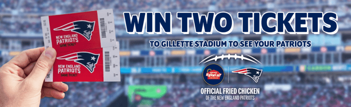 Hand holding two red New England Patriots game tickets in front of a blurred stadium crowd at Gillette Stadium. Large text reads “Win Two Tickets to Gillette Stadium to See Your Patriots.” At the bottom are the Krispy Krunchy Chicken logo and the New England Patriots logo with the text “Official Fried Chicken of the New England Patriots.”