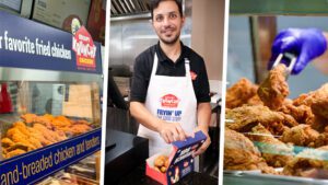 Employee packaging fresh Krispy Krunchy Chicken fried chicken and tenders at a restaurant counter