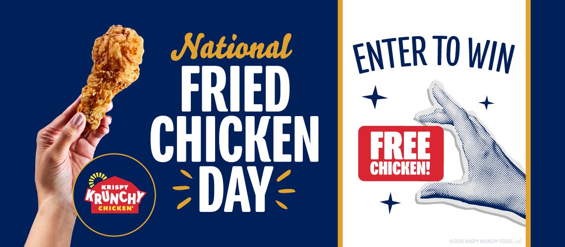 Promotional graphic for Krispy Krunchy Chicken's National Fried Chicken Day giveaway featuring a hand holding a fried chicken drumstick, the National Fried Chicken Day logo, a DoorDash gift card, and text inviting guests to enter for a chance to win free chicken.